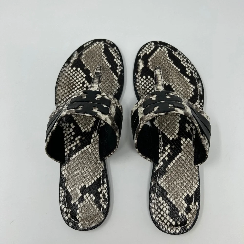 EUC Tory Burch Leigh Black/Gray Snakeskin Double T Thong Sandals Size 9 Preppy!